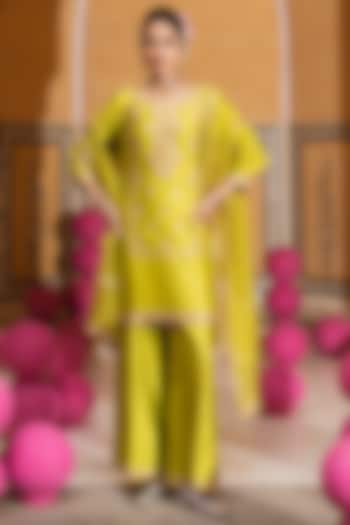 Lime Green Silk Chanderi Embroidered Kurta Set by Pink City By Sarika at Pernia's Pop Up Shop