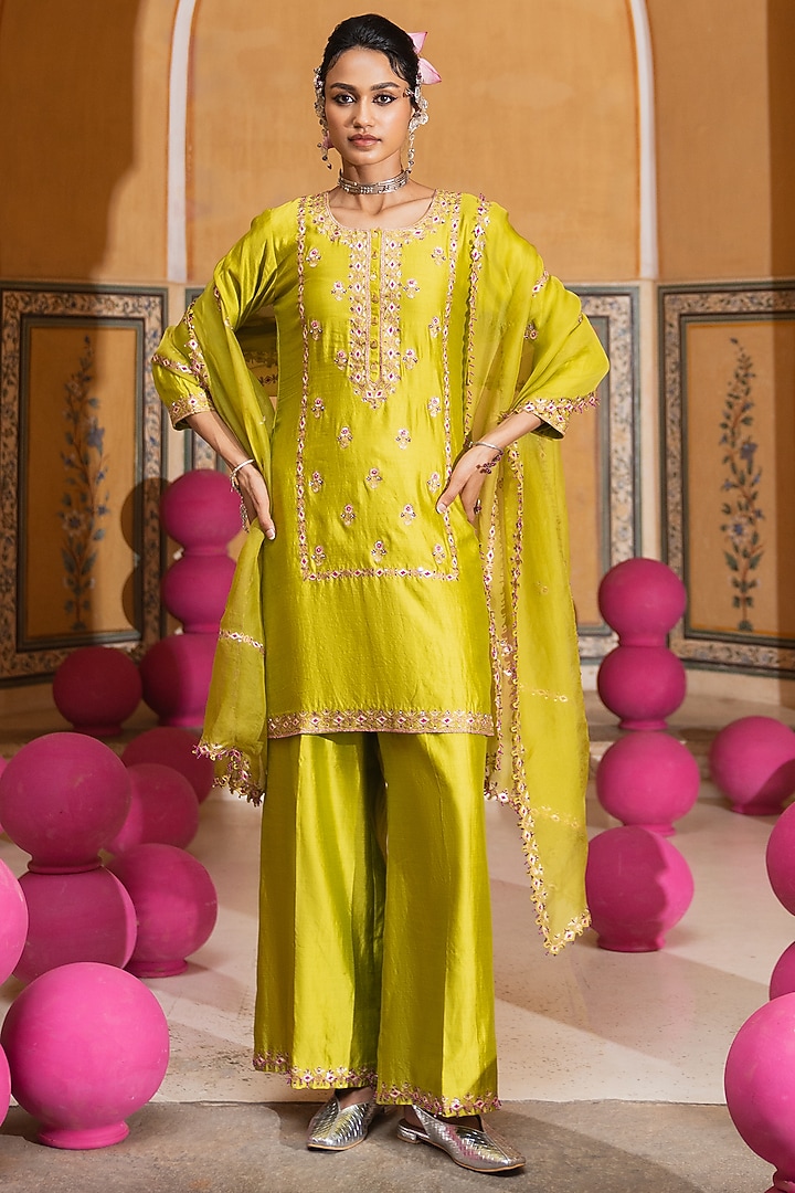 Lime Green Silk Chanderi Embroidered Kurta Set by Pink City By Sarika at Pernia's Pop Up Shop