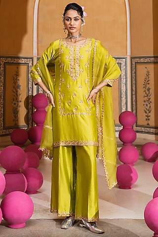 Lime Green Silk Chanderi Embroidered Kurta Set by Pink City By Sarika