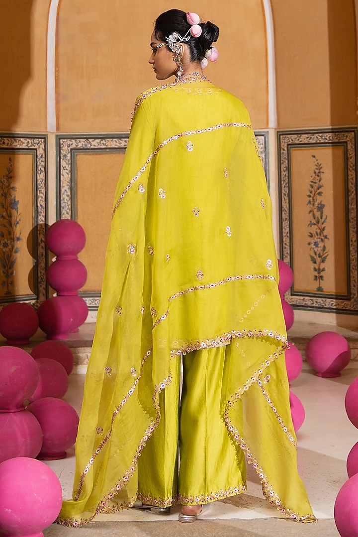 Lime Green Silk Chanderi Embroidered Kurta Set by Pink City By Sarika at Pernia's Pop Up Shop