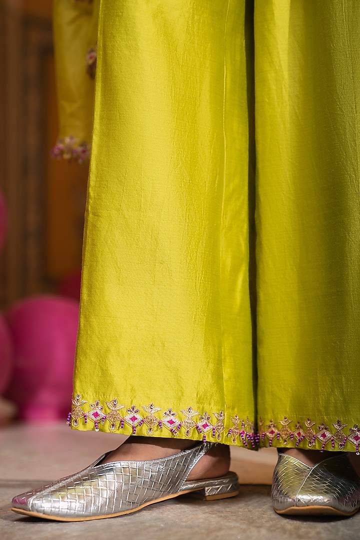 Lime Green Silk Chanderi Embroidered Kurta Set by Pink City By Sarika at Pernia's Pop Up Shop