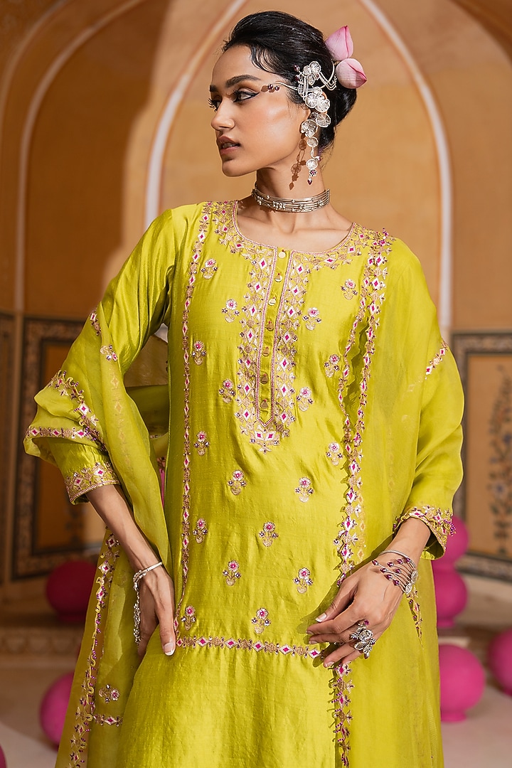 Lime Green Silk Chanderi Embroidered Kurta Set by Pink City By Sarika at Pernia's Pop Up Shop