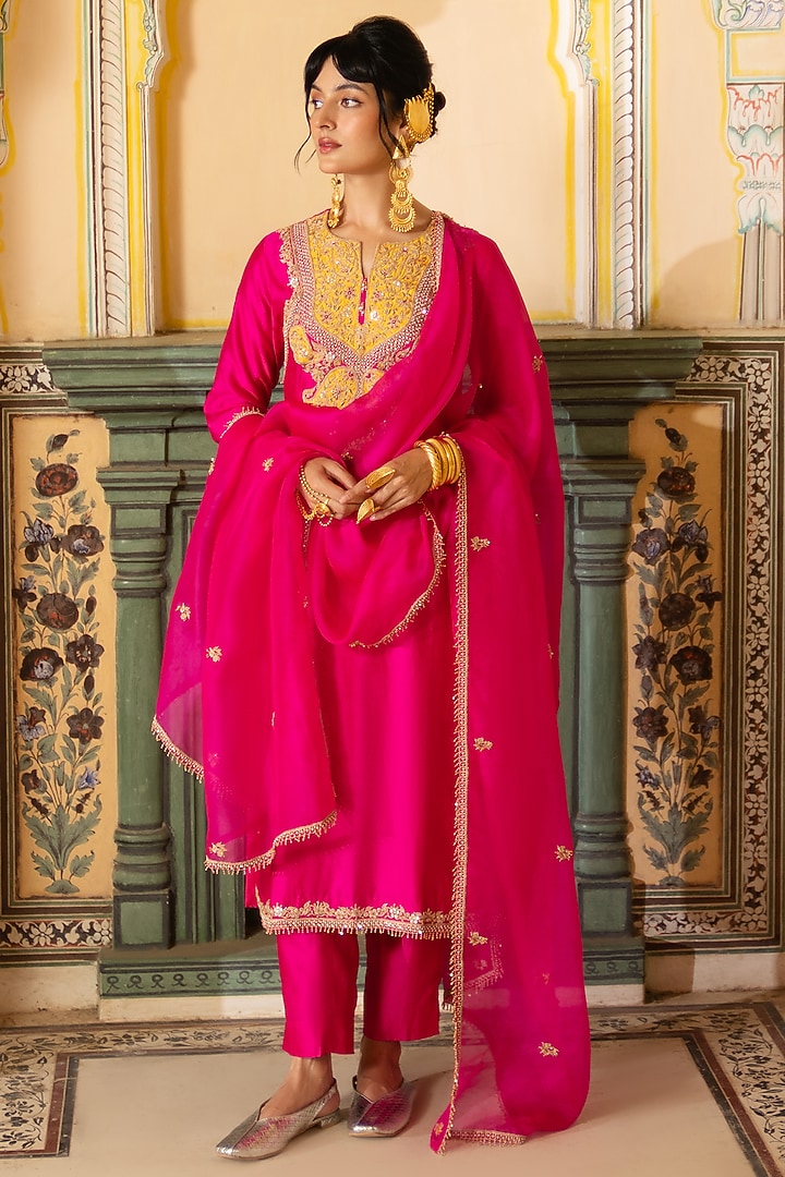 Rani Pink Silk Chanderi Kurta Set by Pink City By Sarika at Pernia's Pop Up Shop