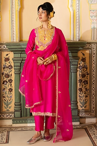 Rani Pink Silk Chanderi Kurta Set by Pink City By Sarika