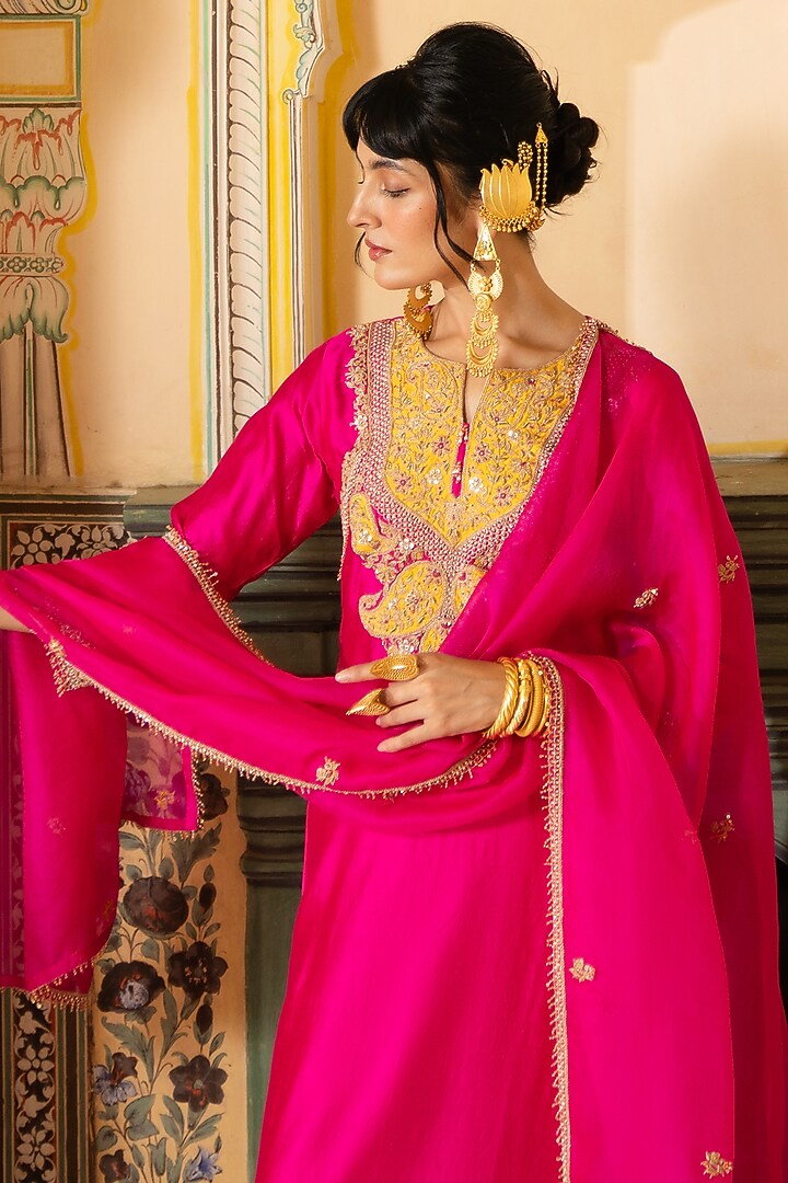 Rani Pink Silk Chanderi Kurta Set by Pink City By Sarika at Pernia's Pop Up Shop