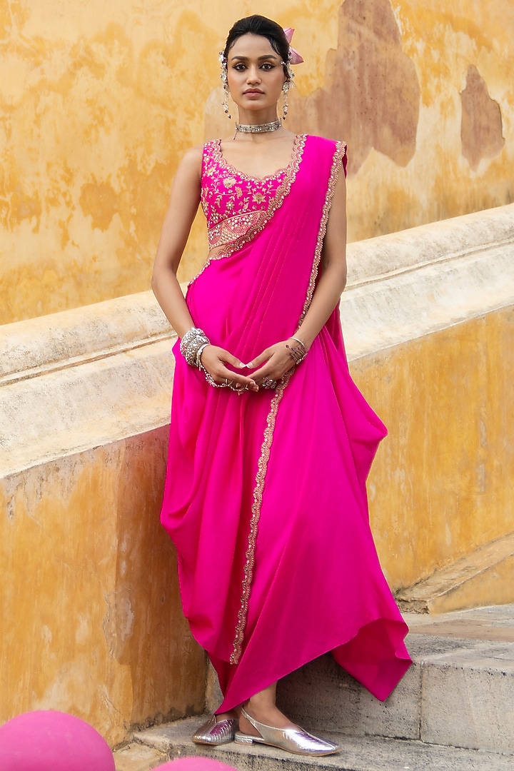Bright Fuchsia Dupion Silk Pre-Draped Wedding Saree Set by Pink City By Sarika at Pernia's Pop Up Shop