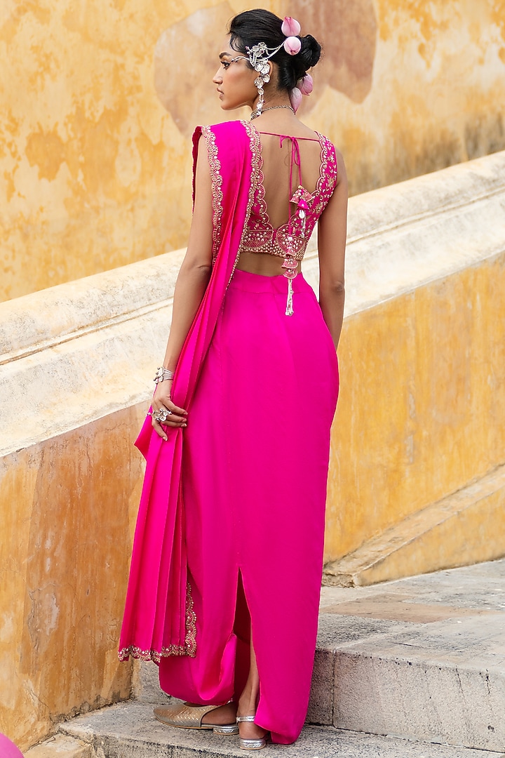 Bright Fuchsia Dupion Silk Pre-Draped Wedding Saree Set by Pink City By Sarika at Pernia's Pop Up Shop