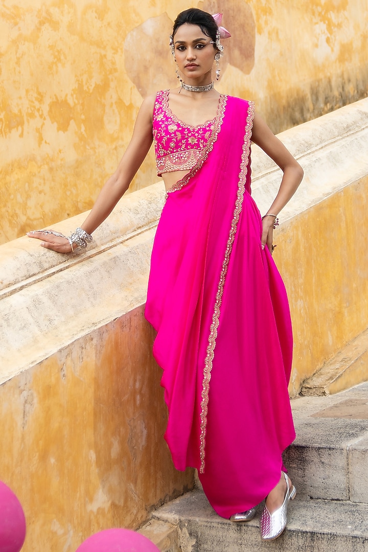 Bright Fuchsia Dupion Silk Pre-Draped Wedding Saree Set by Pink City By Sarika at Pernia's Pop Up Shop