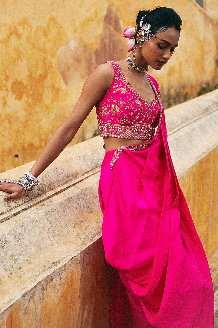 Bright Fuchsia Dupion Silk Pre-Draped Wedding Saree Set by Pink City By Sarika at Pernia's Pop Up Shop