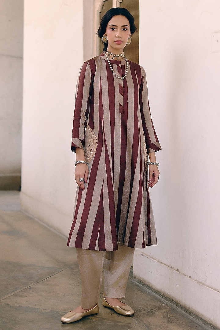 Silver Brown Tissue Paisley Embroidered & Printed Kurta Set by Pink City By Sarika at Pernia's Pop Up Shop