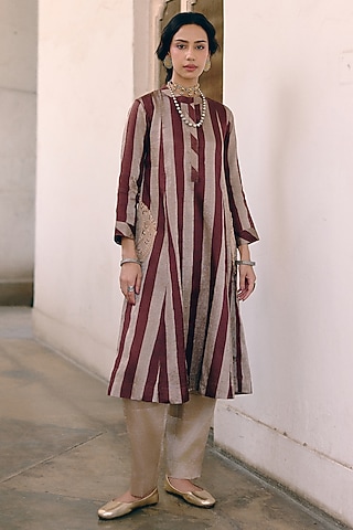 Silver Brown Tissue Paisley Embroidered & Printed Kurta Set by Pink City By Sarika