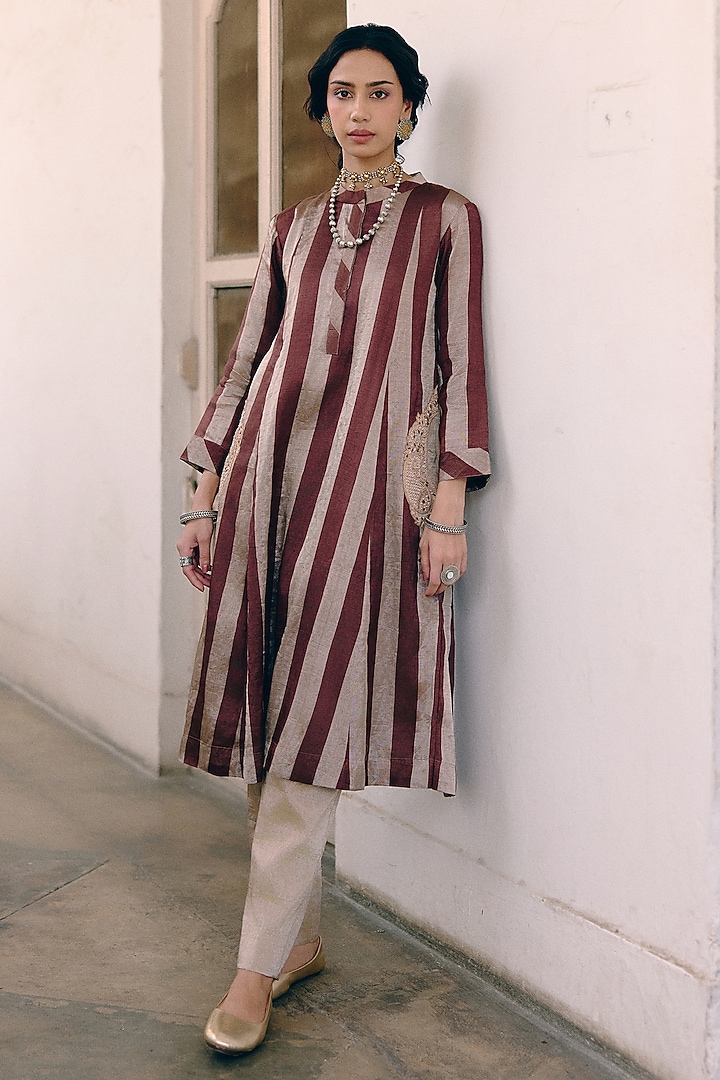 Silver Brown Tissue Paisley Embroidered & Printed Kurta Set by Pink City By Sarika at Pernia's Pop Up Shop