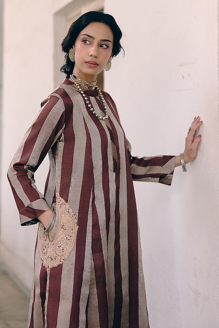 Silver Brown Tissue Paisley Embroidered & Printed Kurta Set by Pink City By Sarika at Pernia's Pop Up Shop