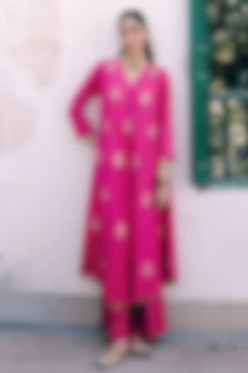 Rani Pink Silk Gherdaar Kurta Set by Pink City By Sarika at Pernia's Pop Up Shop