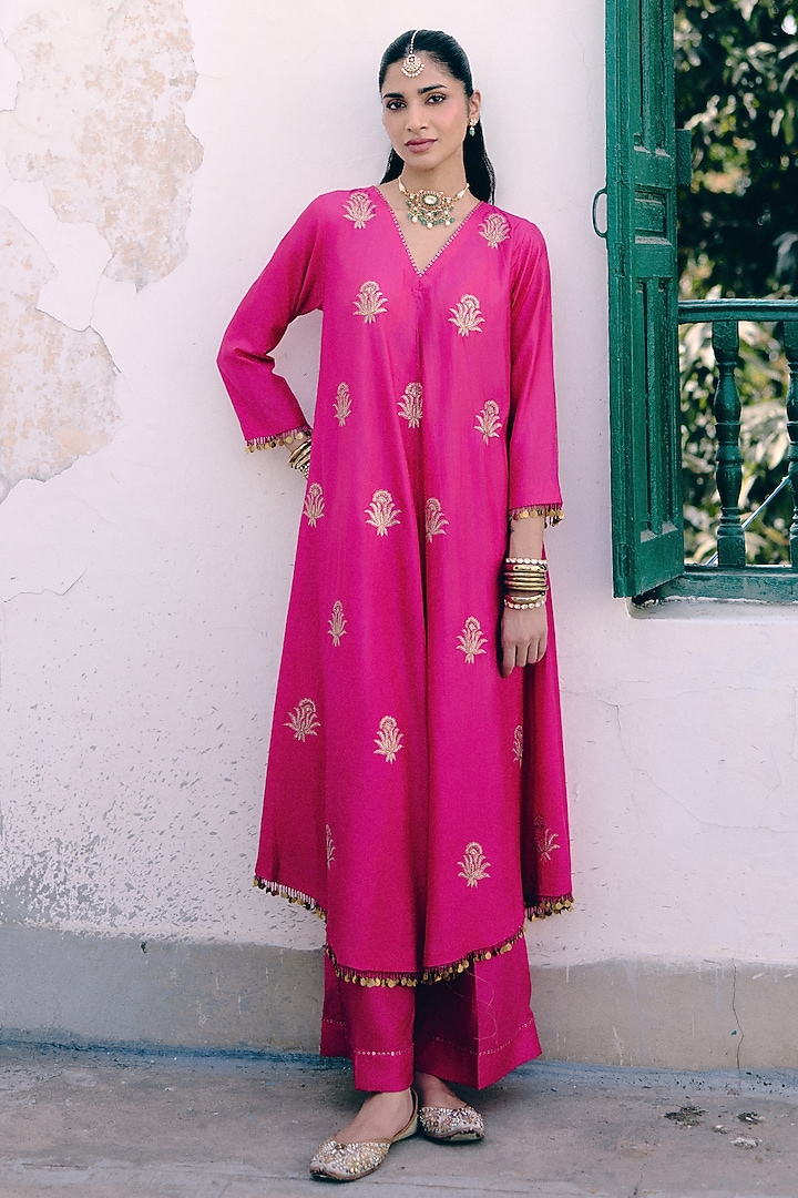 Rani Pink Silk Gherdaar Kurta Set by Pink City By Sarika at Pernia's Pop Up Shop