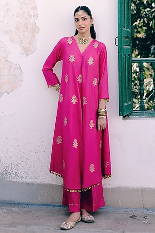 Rani Pink Silk Gherdaar Kurta Set by Pink City By Sarika