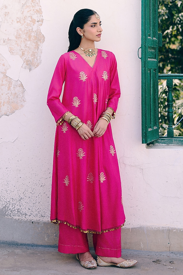Rani Pink Silk Gherdaar Kurta Set by Pink City By Sarika at Pernia's Pop Up Shop