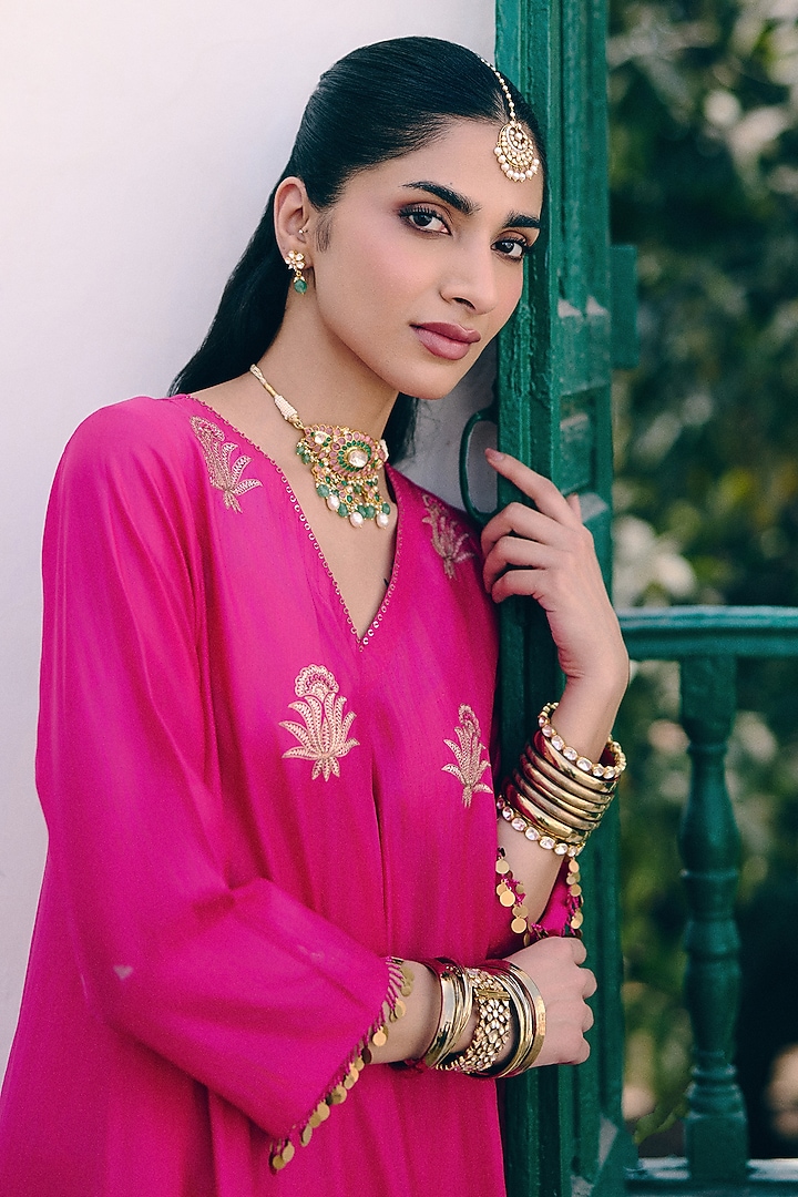 Rani Pink Silk Gherdaar Kurta Set by Pink City By Sarika at Pernia's Pop Up Shop