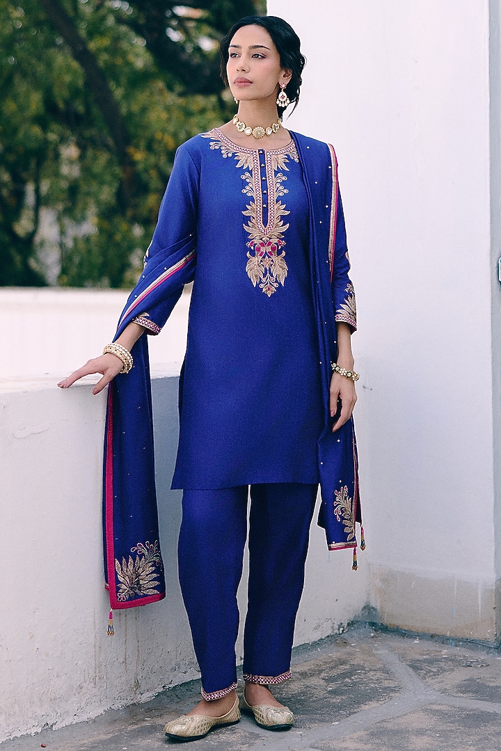 Royal Blue Silk Peacock Embroidered Kurta Set by Pink City By Sarika at Pernia's Pop Up Shop