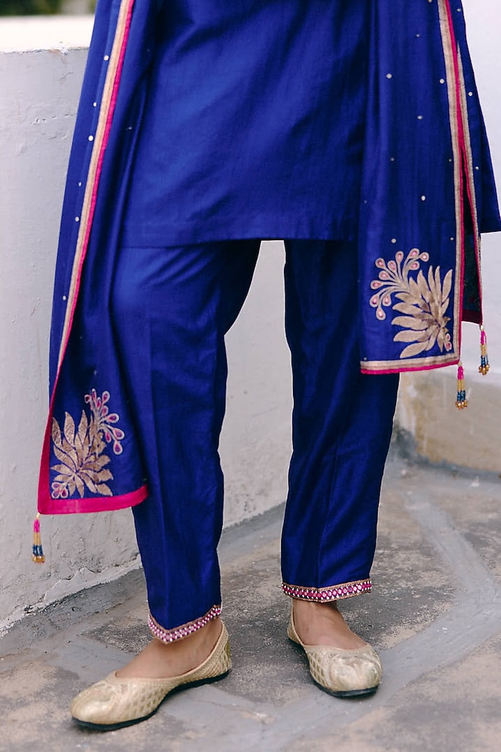 Royal Blue Silk Peacock Embroidered Kurta Set by Pink City By Sarika at Pernia's Pop Up Shop