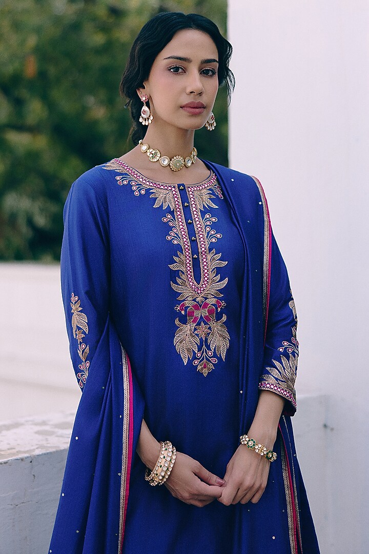 Royal Blue Silk Peacock Embroidered Kurta Set by Pink City By Sarika at Pernia's Pop Up Shop