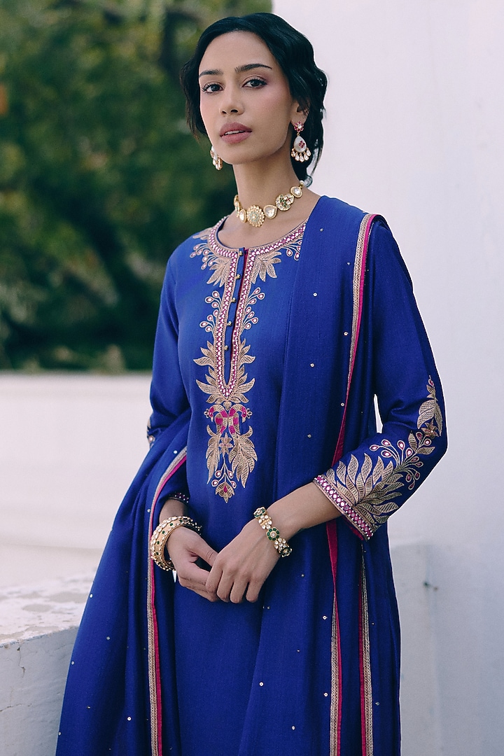 Royal Blue Silk Peacock Embroidered Kurta Set by Pink City By Sarika at Pernia's Pop Up Shop