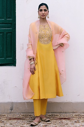 Yellow Silk Chanderi Resham & Dori Embroidered Anarkali Set by Pink City By Sarika