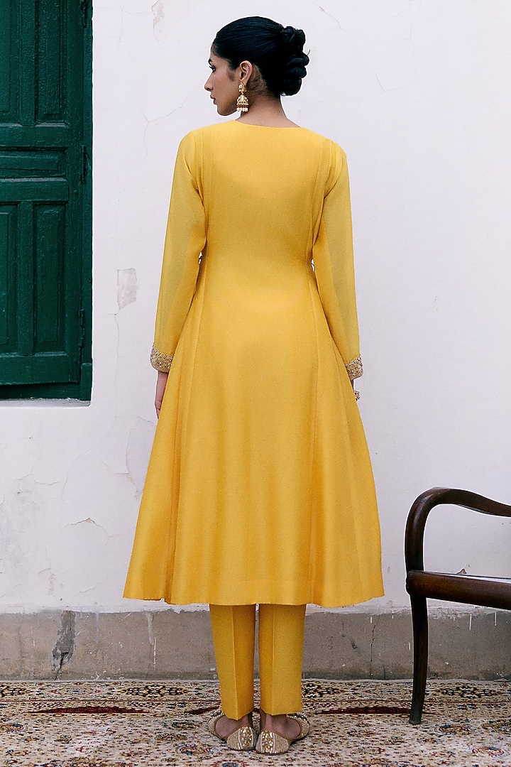 Yellow Silk Chanderi Resham & Dori Embroidered Wedding Anarkali Set by Pink City By Sarika at Pernia's Pop Up Shop