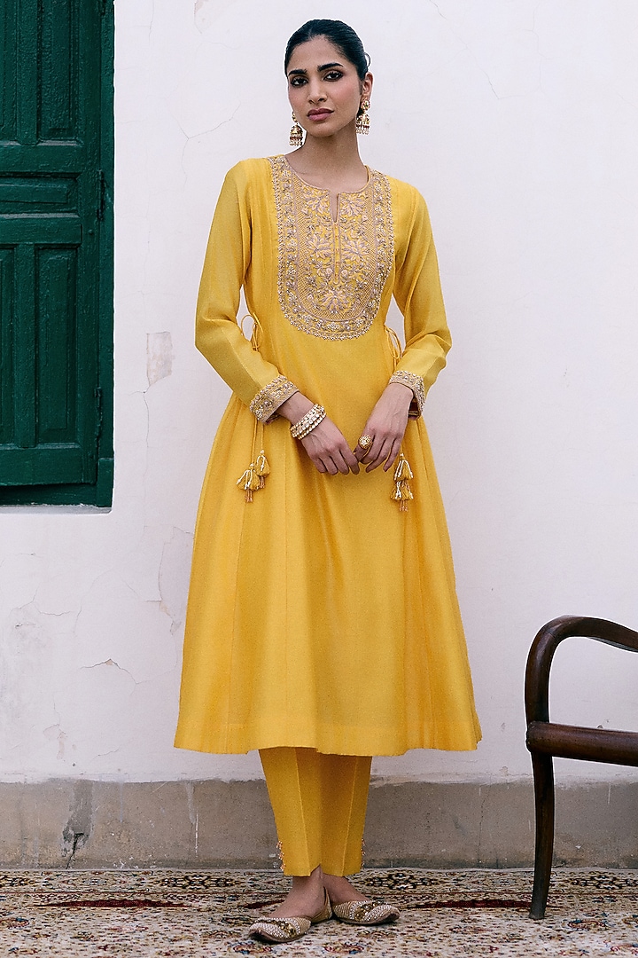 Yellow Silk Chanderi Resham & Dori Embroidered Wedding Anarkali Set by Pink City By Sarika at Pernia's Pop Up Shop