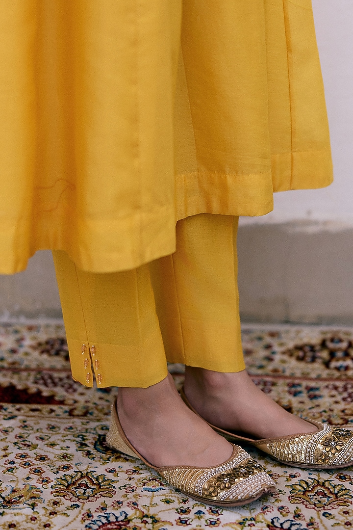 Yellow Silk Chanderi Resham & Dori Embroidered Wedding Anarkali Set by Pink City By Sarika at Pernia's Pop Up Shop