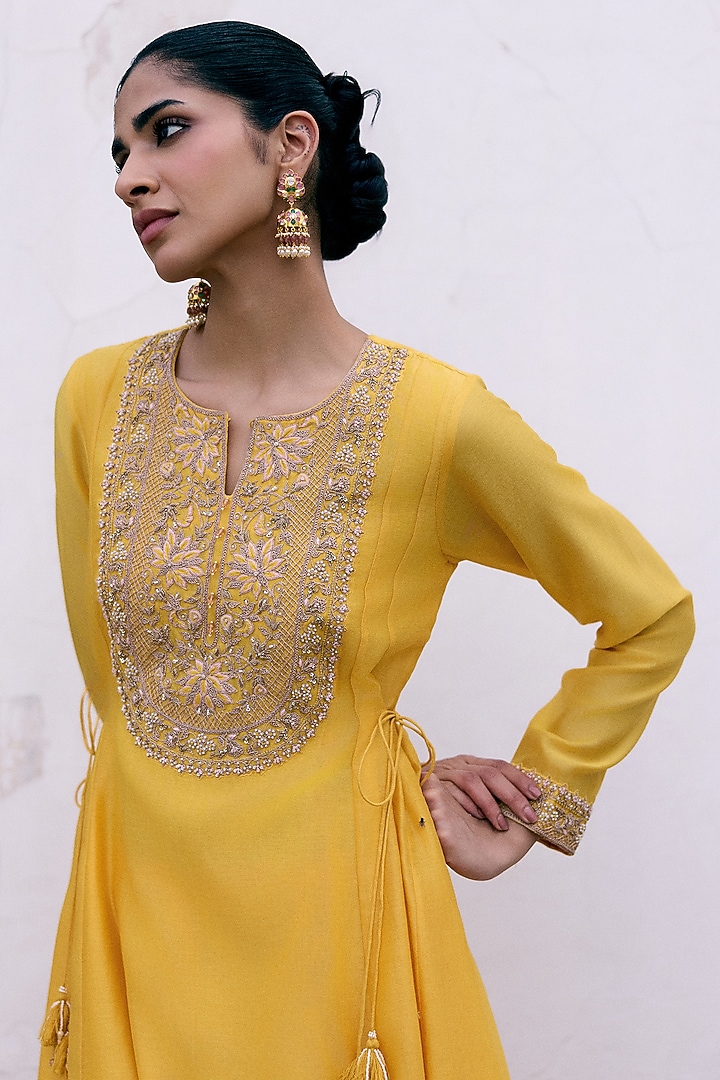 Yellow Silk Chanderi Resham & Dori Embroidered Wedding Anarkali Set by Pink City By Sarika at Pernia's Pop Up Shop