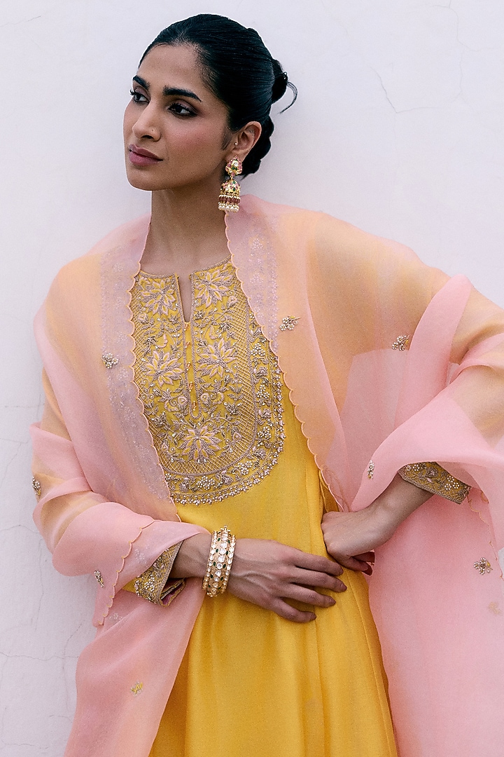 Yellow Silk Chanderi Resham & Dori Embroidered Wedding Anarkali Set by Pink City By Sarika at Pernia's Pop Up Shop