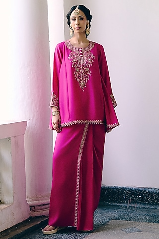 Rani pink Silk Embroidered Kurta Set by Pink City By Sarika