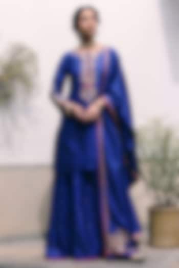 Royal Blue Silk Wedding Sharara Set by Pink City By Sarika at Pernia's Pop Up Shop
