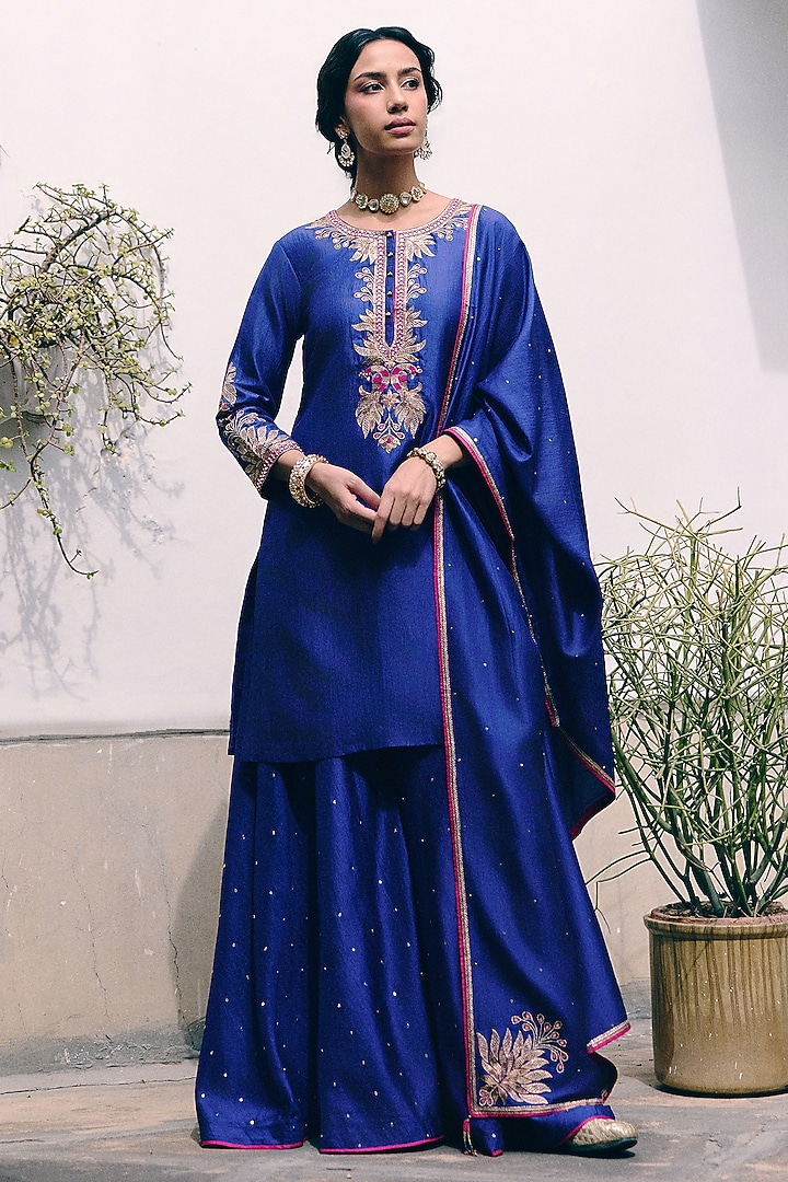 Royal Blue Silk Wedding Sharara Set by Pink City By Sarika at Pernia's Pop Up Shop