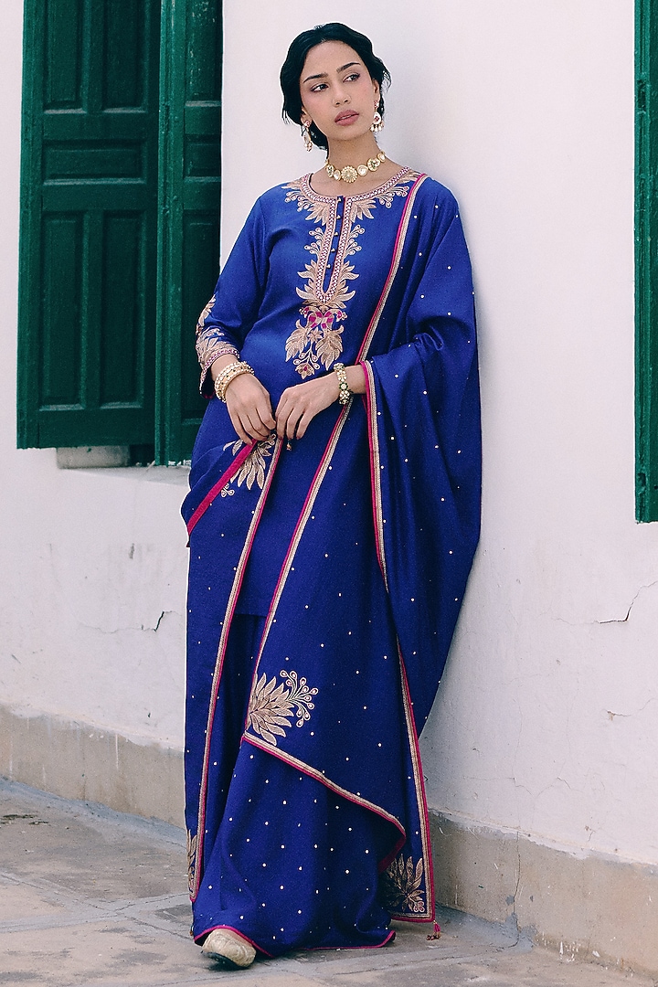 Royal Blue Silk Wedding Sharara Set by Pink City By Sarika at Pernia's Pop Up Shop