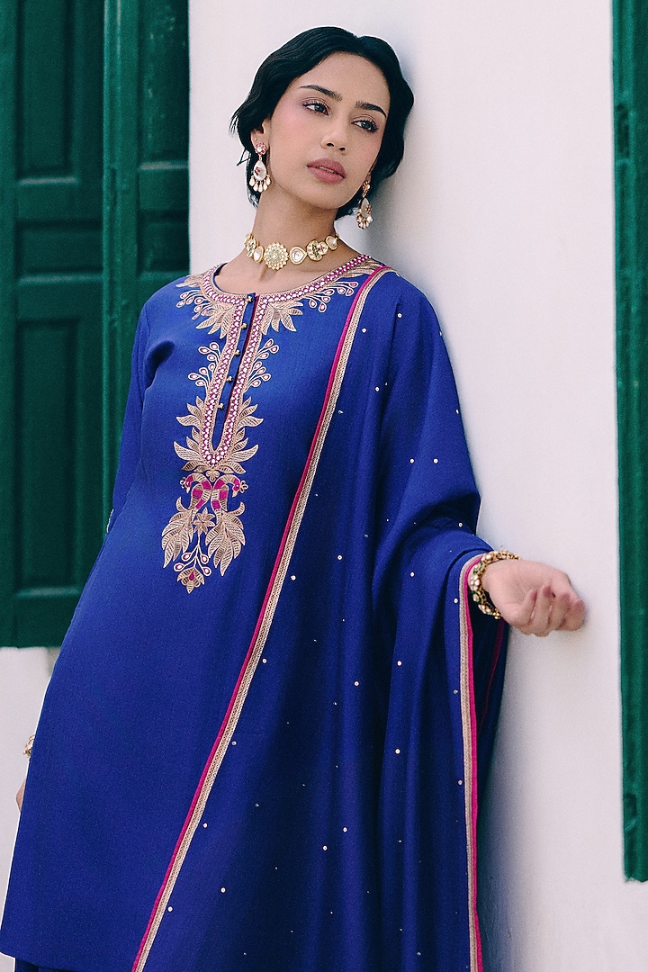 Royal Blue Silk Wedding Sharara Set by Pink City By Sarika at Pernia's Pop Up Shop