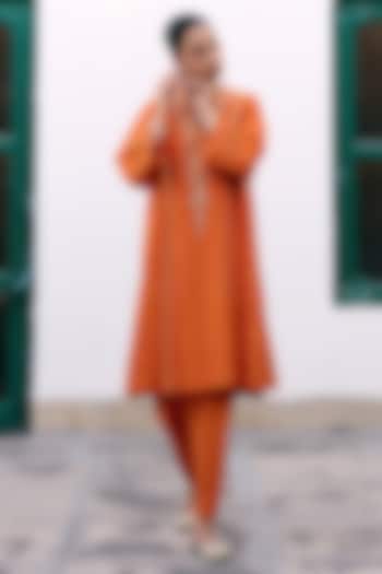 Orange Silk Embroidered Choga Kurta Set by Pink City By Sarika at Pernia's Pop Up Shop