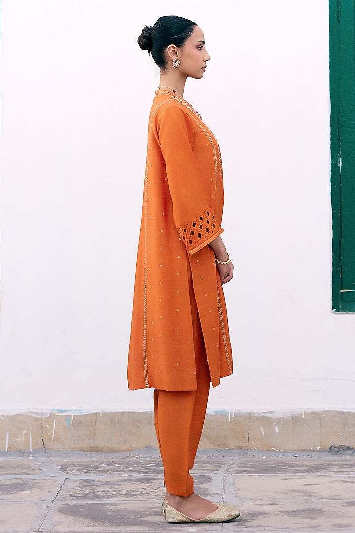 Orange Silk Embroidered Choga Kurta Set by Pink City By Sarika at Pernia's Pop Up Shop