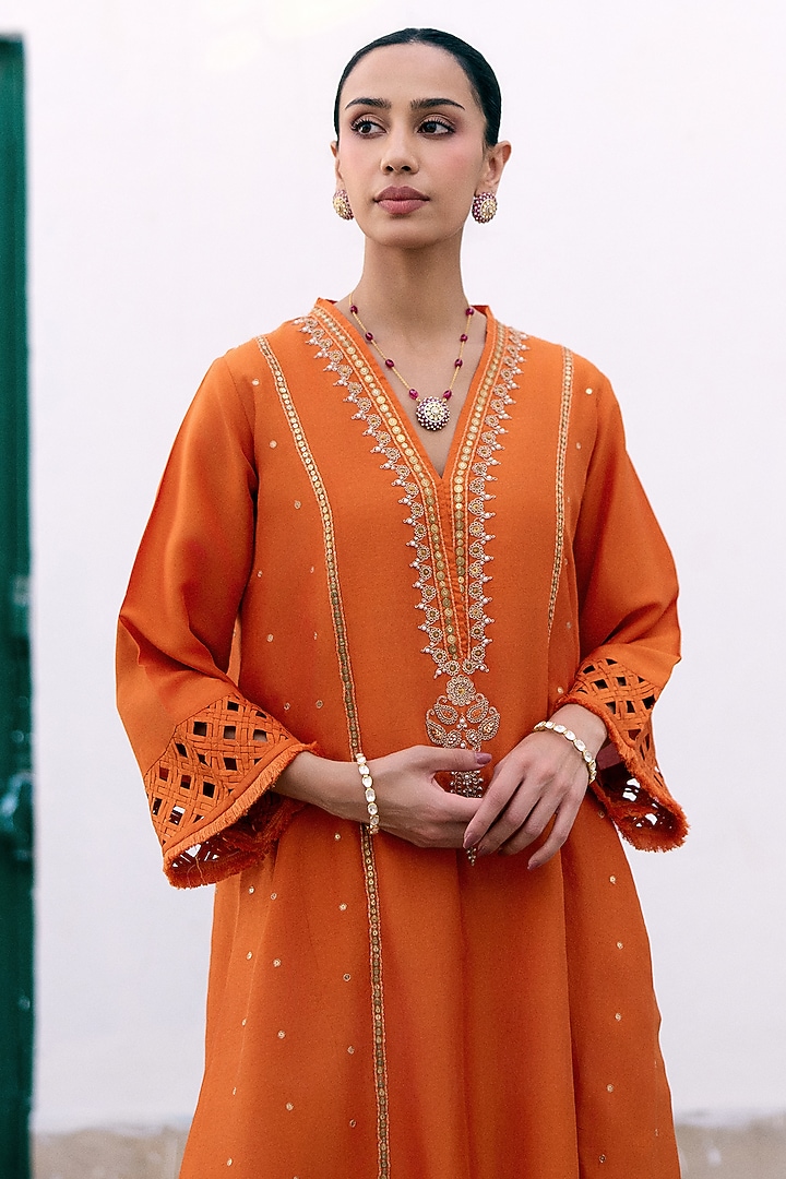 Orange Silk Embroidered Choga Kurta Set by Pink City By Sarika at Pernia's Pop Up Shop