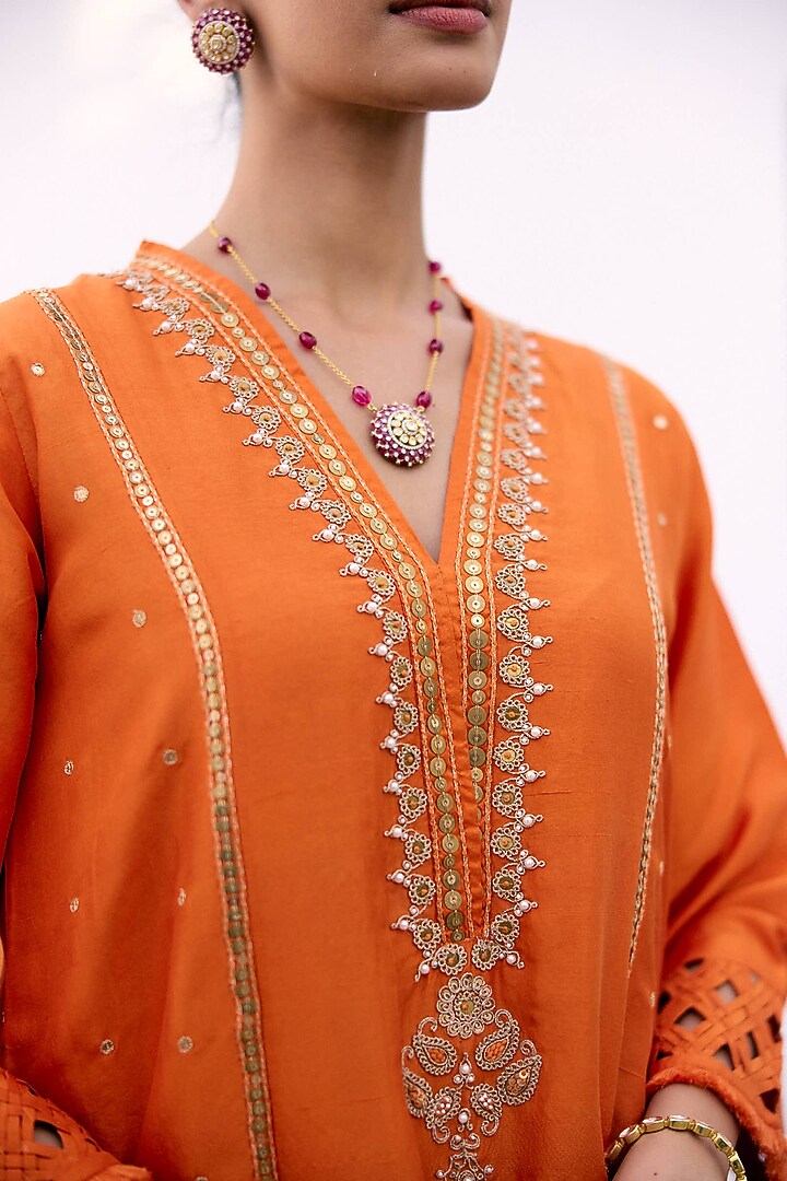 Orange Silk Embroidered Choga Kurta Set by Pink City By Sarika at Pernia's Pop Up Shop