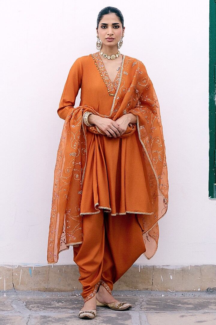 Orange Silk Embroidered Kurta Set by Pink City By Sarika at Pernia's Pop Up Shop