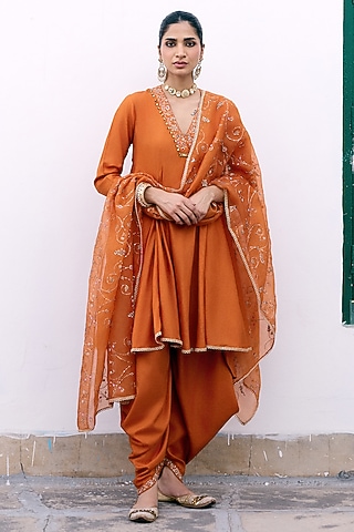 Orange Silk Embroidered Kurta Set by Pink City By Sarika