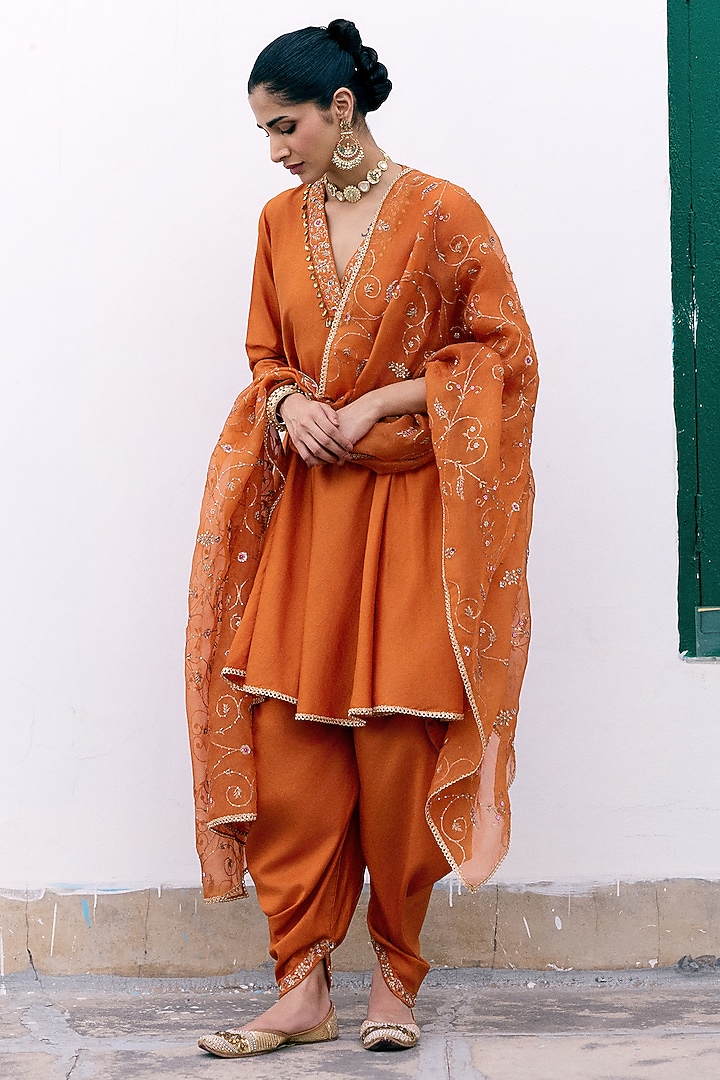 Orange Silk Embroidered Kurta Set by Pink City By Sarika at Pernia's Pop Up Shop