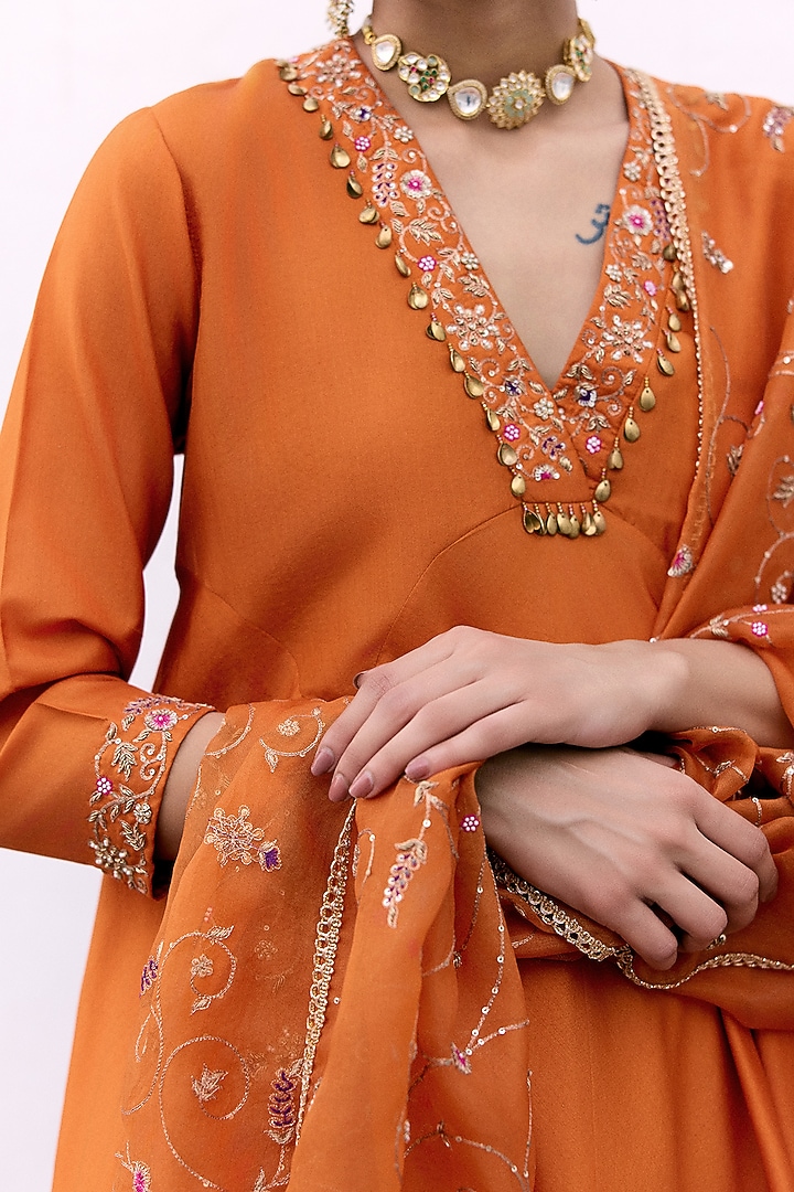 Orange Silk Embroidered Kurta Set by Pink City By Sarika at Pernia's Pop Up Shop