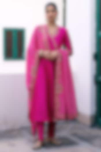 Rani Pink Silk Resham & Sequins Embroidered Wedding Anarkali Set by Pink City By Sarika at Pernia's Pop Up Shop