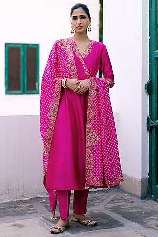 Rani Pink Silk Resham & Sequins Embroidered Anarkali Set by Pink City By Sarika