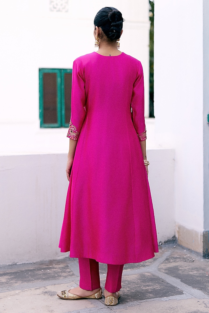 Rani Pink Silk Resham & Sequins Embroidered Wedding Anarkali Set by Pink City By Sarika at Pernia's Pop Up Shop
