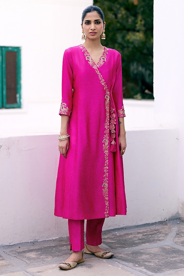Rani Pink Silk Resham & Sequins Embroidered Wedding Anarkali Set by Pink City By Sarika at Pernia's Pop Up Shop
