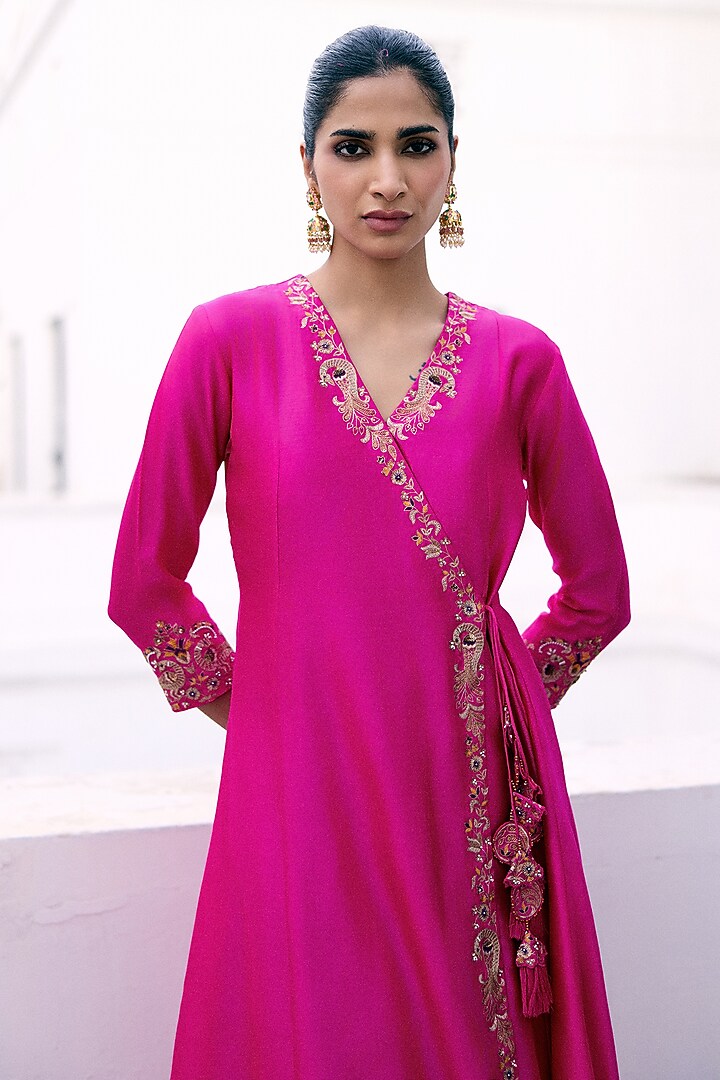 Rani Pink Silk Resham & Sequins Embroidered Wedding Anarkali Set by Pink City By Sarika at Pernia's Pop Up Shop